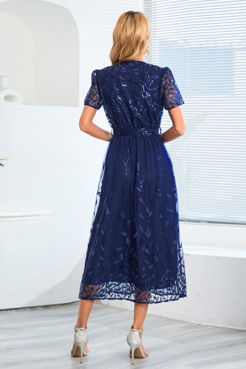 sequin-leaf-embroidery-tie-front-short-sleeve-dress Sophia's Trends - Sophia's Style-White-S